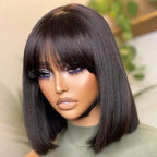 Realistic Yaki Straight Bob with Bangs Minimalist Lace Wig Wear Go Glueless Black/Brown Highlight