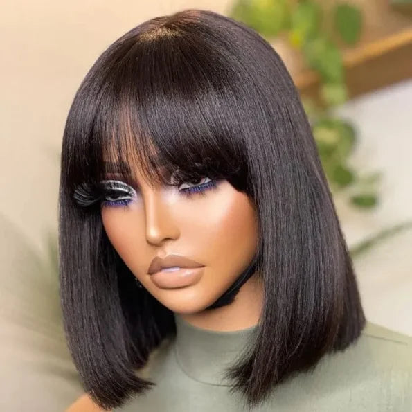 Realistic Yaki Straight Bob with Bangs Minimalist Lace Wig Wear Go Glueless Black/Brown Highlight